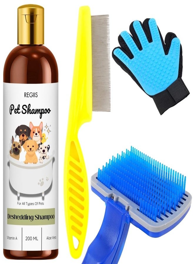 REGIIS Pet Shampoo Deshedding Kit, 200 ML Dog Grooming Set with Flea Comb, Grooming Glove, Self Cleaning Brush for All Types of Pets(4 Pack) - Image 1